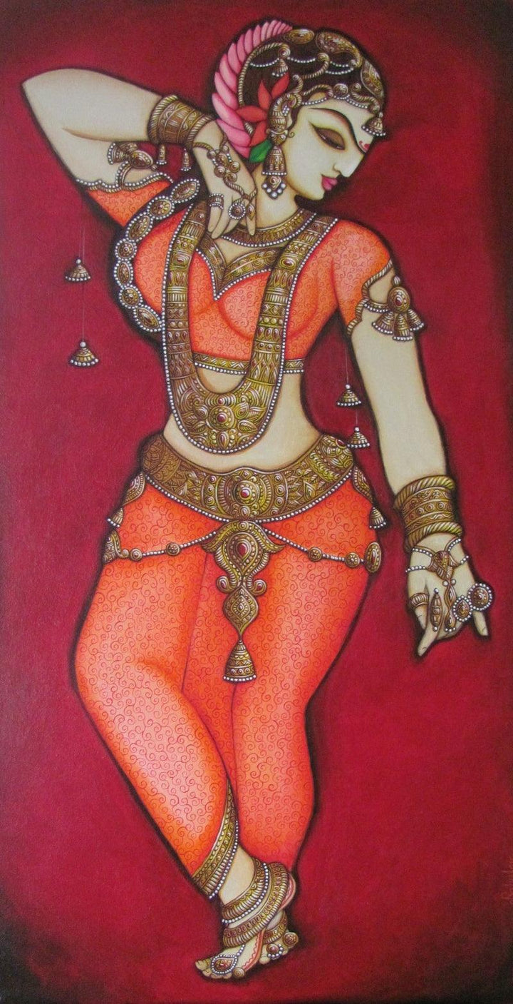 Figurative acrylic painting titled 'Dancing Woman', 36x12 inches, by artist Rahul Phulkar on Canvas