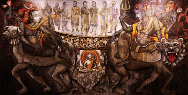 Religious mixed media painting titled 'Danda Nacha', 60x120 inches, by artist Kanha Behera on Canvas