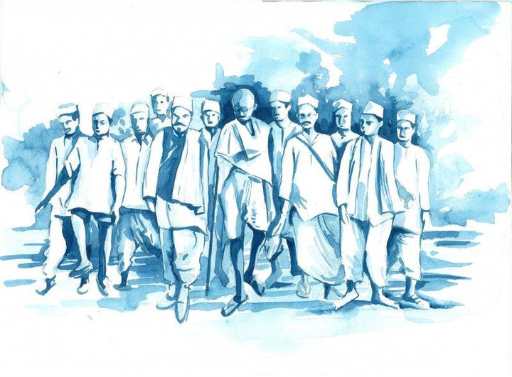 Motivational watercolor painting titled 'Dandi Yatra', 11x15 inches, by artist Sanooj KJ on Paper