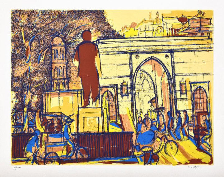 Cityscape serigraphs painting titled 'Dariyapur Darwaza', 24x30 inches, by artist Vrindavan Solanki on Paper