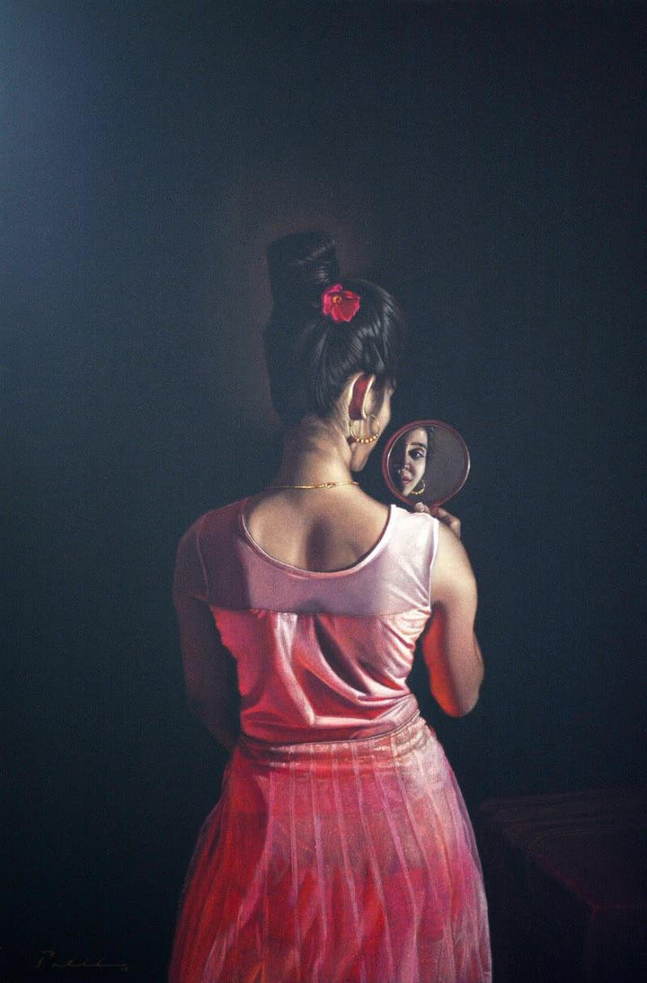 Figurative color pencil drawing titled 'Darpanpriya', 47x31 inches, by artist Deepak Patil on Black Paper