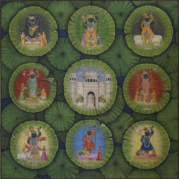 Religious mixed media painting titled 'Darshan Pichwai', 35x35 inches, by artist Pushkar Lohar  Pichwai on Cloth