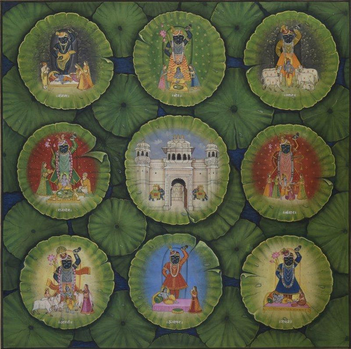 Religious mixed media painting titled 'Darshan Pichwai', 35x35 inches, by artist Pushkar Lohar  Pichwai on Cloth