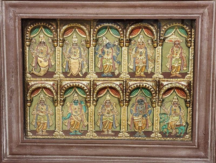 Religious tanjore traditional art titled 'Dasavataram (10 avatar)', 21x28 inches, by artist Unknown on Wood