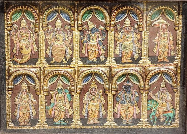 Religious tanjore traditional art titled 'Dasavataram', 22x28 inches, by artist Tanjore Tanjaur on Wood