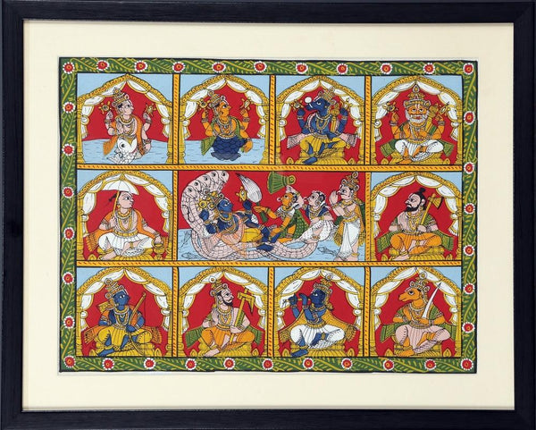 Folk Art cheriyal traditional art titled 'Dashavtar', 15x19 inches, by artist Kalaviti Arts on Cloth