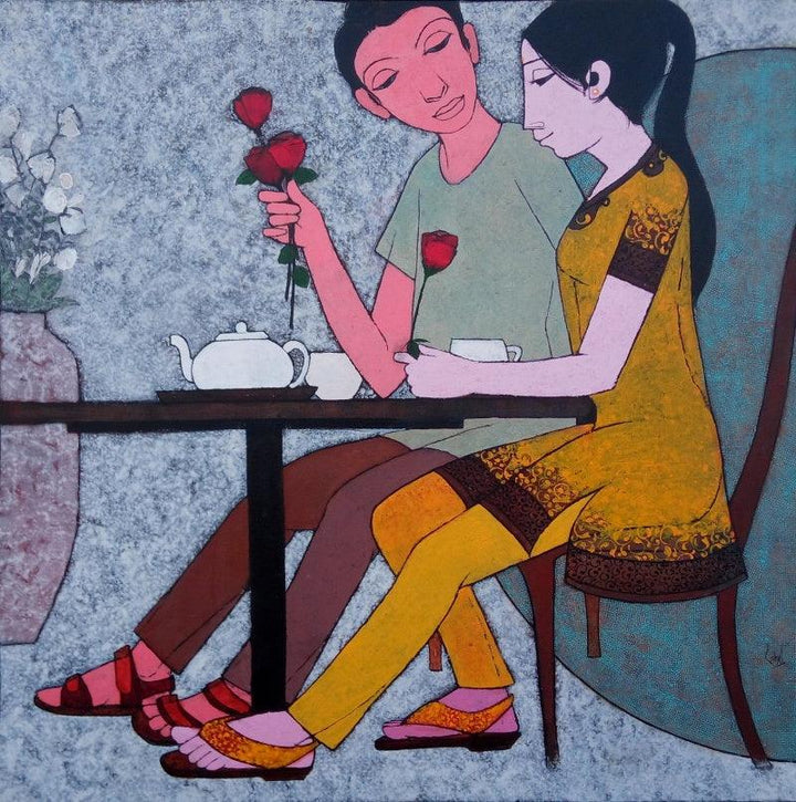 Figurative acrylic painting titled 'Date', 32x32 inches, by artist Rahul Mhetre on Canvas