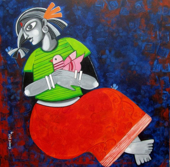 Figurative acrylic painting titled 'Daughter and her Dreams', 30x30 inches, by artist Sharmi Dey on Canvas