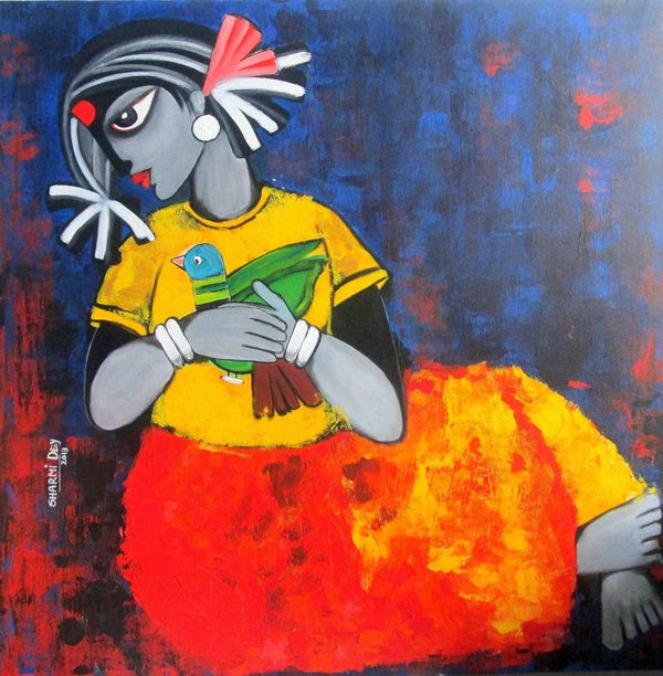 Figurative acrylic painting titled 'Daughter', 30x30 inches, by artist Sharmi Dey on Canvas