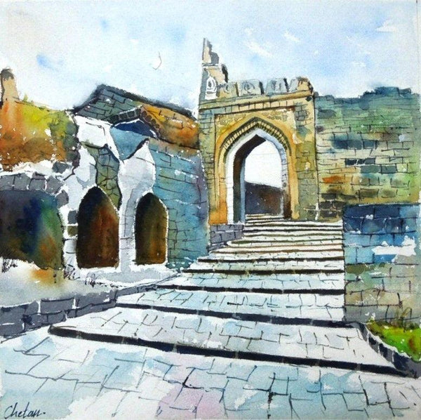 Landscape watercolor painting titled 'Daulatabadfort', 10x10 inches, by artist Chetan Agrawal on Handmade Paper