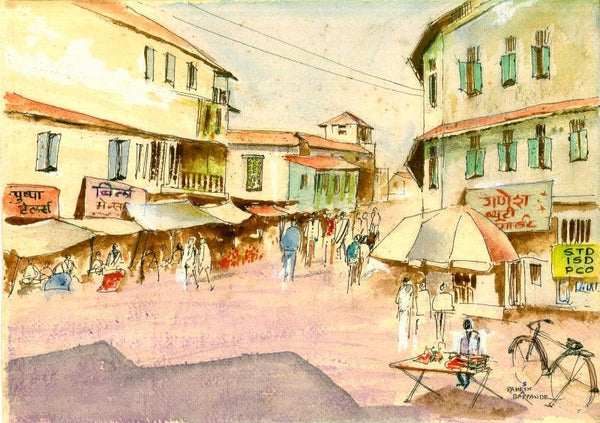 Cityscape watercolor painting titled 'Daund Market', 10x14 inches, by artist Ramessh Barpande on Paper