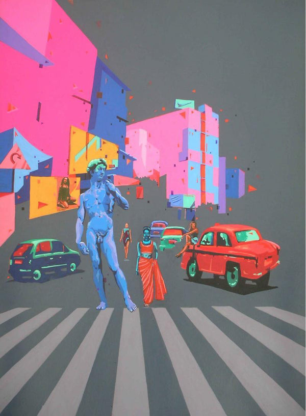 Fantasy mixed media painting titled 'David Holds The City', 20x26 inches, by artist Abhijit Paul on Canvas