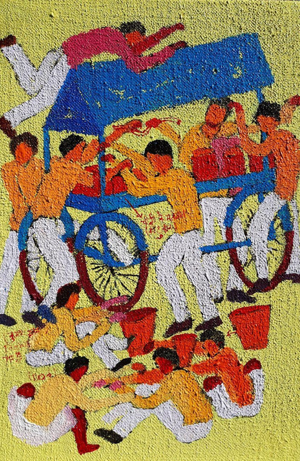 Figurative acrylic painting titled 'Day 9', 18x12 inches, by artist Kumar Ranjan on Jute