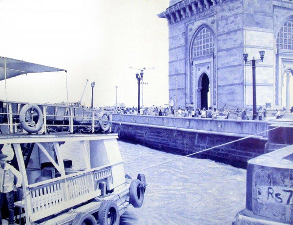 Realistic pen drawing titled 'Day at Gateway', 26x20 inches, by artist M. I. Shaikh on Paper