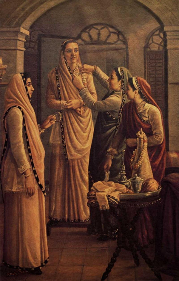 Figurative oil painting titled 'Decking The Bride', 36x23 inches, by artist Raja Ravi Varma Reproduction on Canvas