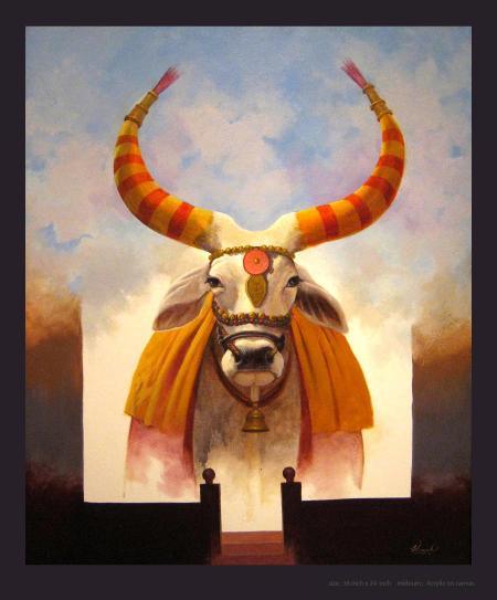 Motivational acrylic painting titled 'Decorated Cow', 36x24 inches, by artist Vinayak Potdar on Canvas