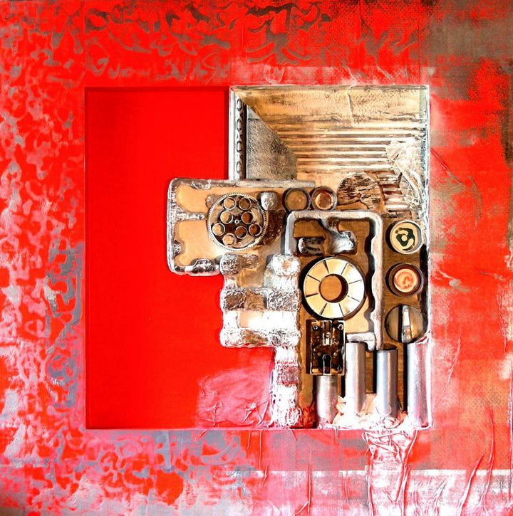 Abstract mixed media titled 'Decorative Assemblages II', 24x24 inches, by artist Vivek Rao on wood