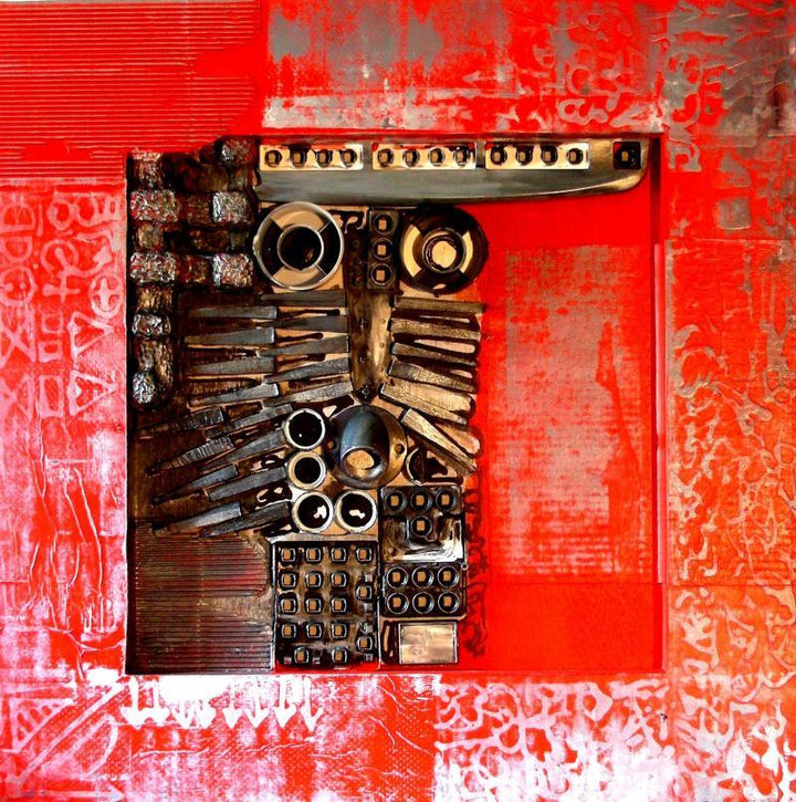 Abstract mixed media titled 'Decorative Assemblages III', 24x24 inches, by artist Vivek Rao on wood