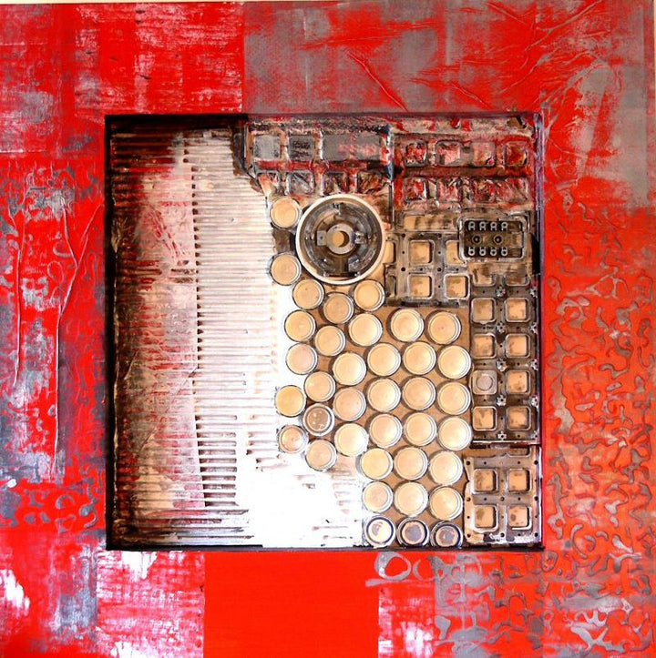 Abstract mixed media titled 'Decorative Assemblages V', 24x24 inches, by artist Vivek Rao on wood