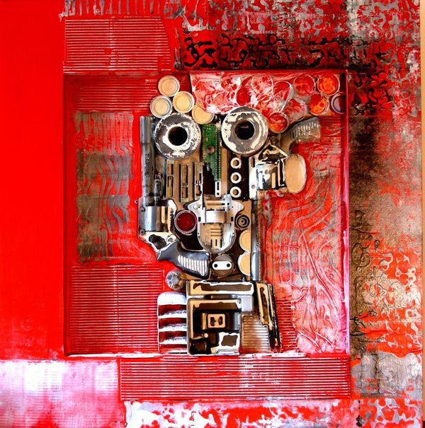 Abstract mixed media titled 'Decorative Assemblages VI', 24x24 inches, by artist Vivek Rao on wood