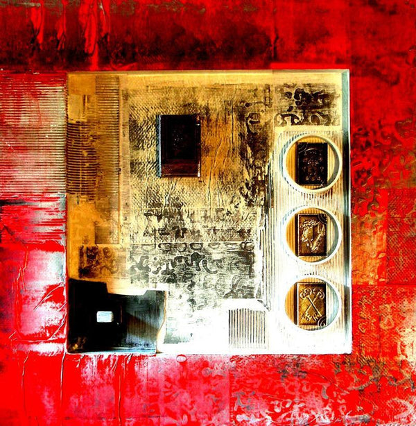 Abstract mixed media titled 'Decorative Assemblages VII', 24x24 inches, by artist Vivek Rao on wood