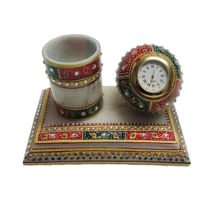 Lifestyle craft titled 'Decorative Pen Stand With Watch', 4x6x4 inches, by artist Ecraft India on Marble