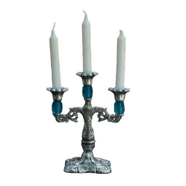 Lifestyle craft titled 'Decorative Sky Blue Candle stand', 9x8x4 inches, by artist E Craft on Metal