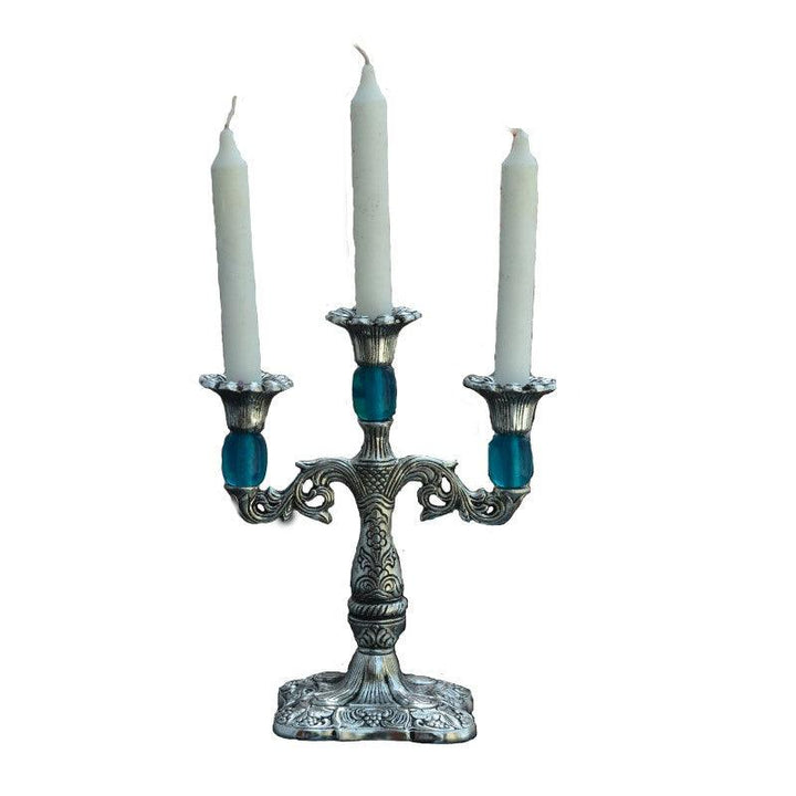 Lifestyle craft titled 'Decorative Sky Blue Candle stand', 9x8x4 inches, by artist E Craft on Metal