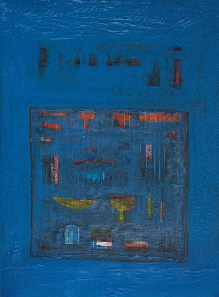 Abstract mixed media painting titled 'Deep Blue', 38x26 inches, by artist Arvind Hate on Mixedmedia