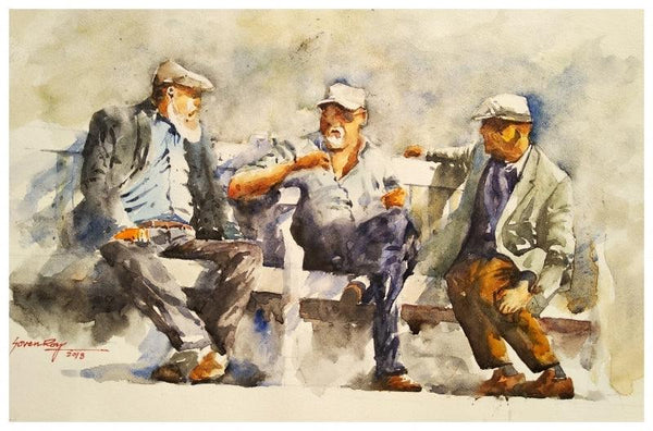 Lifestyle watercolor painting titled 'Deep discussion', 20x14 inches, by artist Soven Roy on Handmade paper