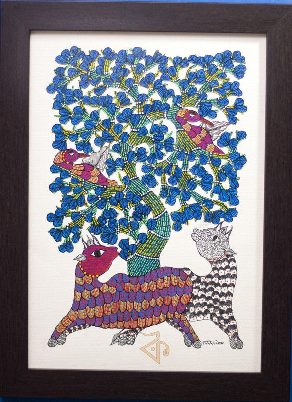 Folk Art gond traditional art titled 'Deer and Peacocks Gond Art 1', 15x10 inches, by artist Kalavithi Art Ventures on Canvas