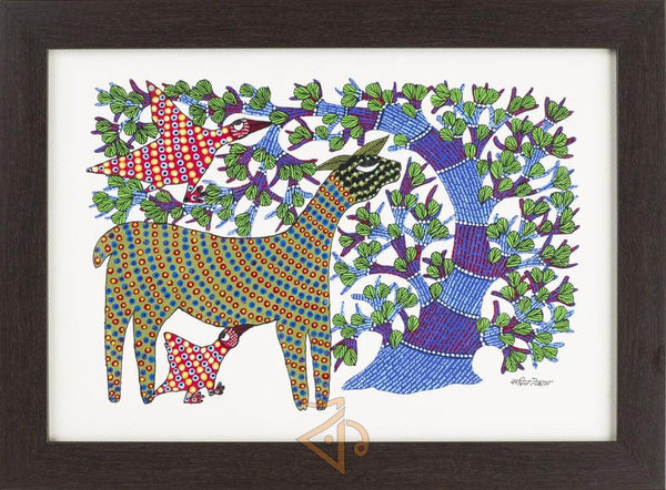 Folk Art gond traditional art titled 'Deer and Peacocks Gond Art 2', 10x15 inches, by artist Kalavithi Art Ventures on Canvas