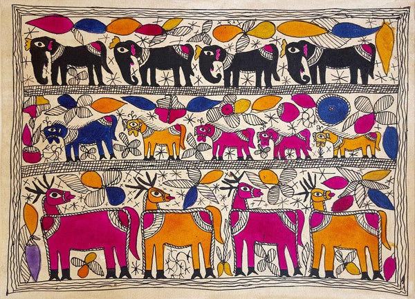 Folk Art madhubani traditional art titled 'Deer Friends', 12x16 inches, by artist Yamuna Devi on Handmade Paper