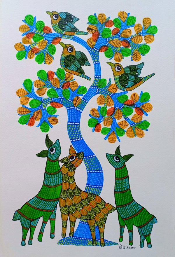 Animals gond traditional art titled 'Deer Under The Tree', 14x9 inches, by artist Choti Gond Artist on Paper