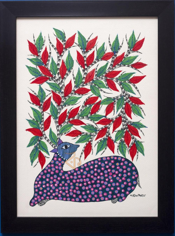 Folk Art gond traditional art titled 'Deer under tree Blue Gond Art', 15x10 inches, by artist Kalavithi Art Ventures on Canvas