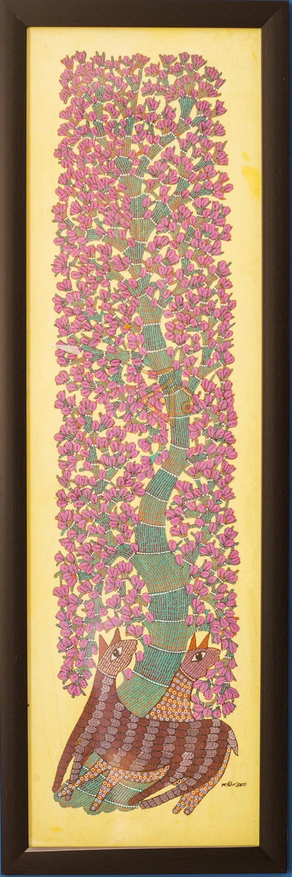 Folk Art gond traditional art titled 'Deer under tree Gond Art', 36x11 inches, by artist Kalavithi Art Ventures on Canvas
