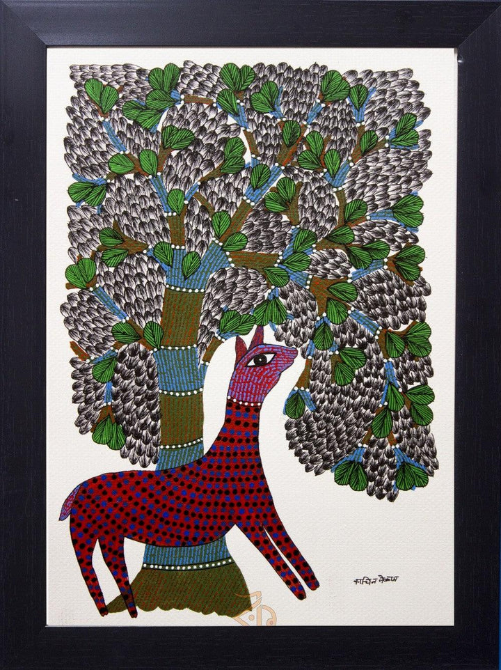 Folk Art gond traditional art titled 'Deer under tree red Gond Art', 15x10 inches, by artist Kalavithi Art Ventures on Canvas