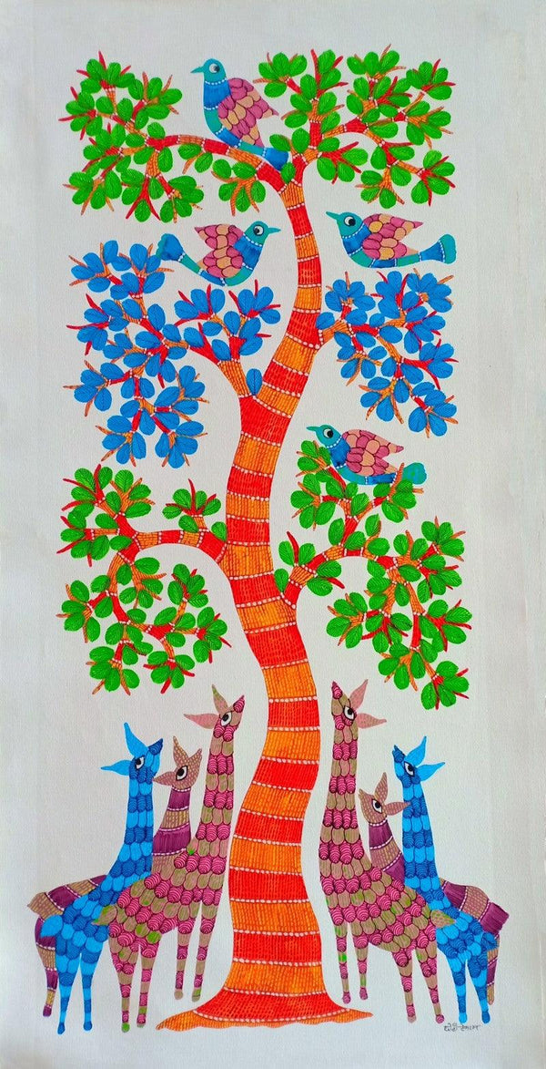 Animals gond traditional art titled 'Deers Under The Tree 7', 34x15 inches, by artist Choti Gond Artist on Canvas