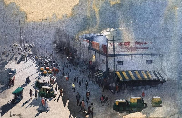 Cityscape watercolor painting titled 'Delhi Sun', 14x20 inches, by artist Bijay Biswaal on Paper