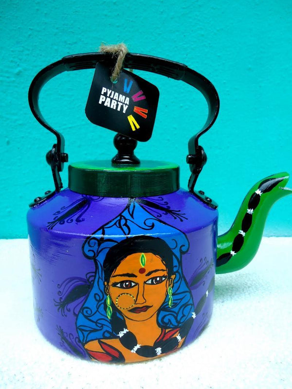 Lifestyle craft titled 'Desi Girl Tea Kettle', 9x9x7 inches, by artist Rithika Kumar on Aluminium