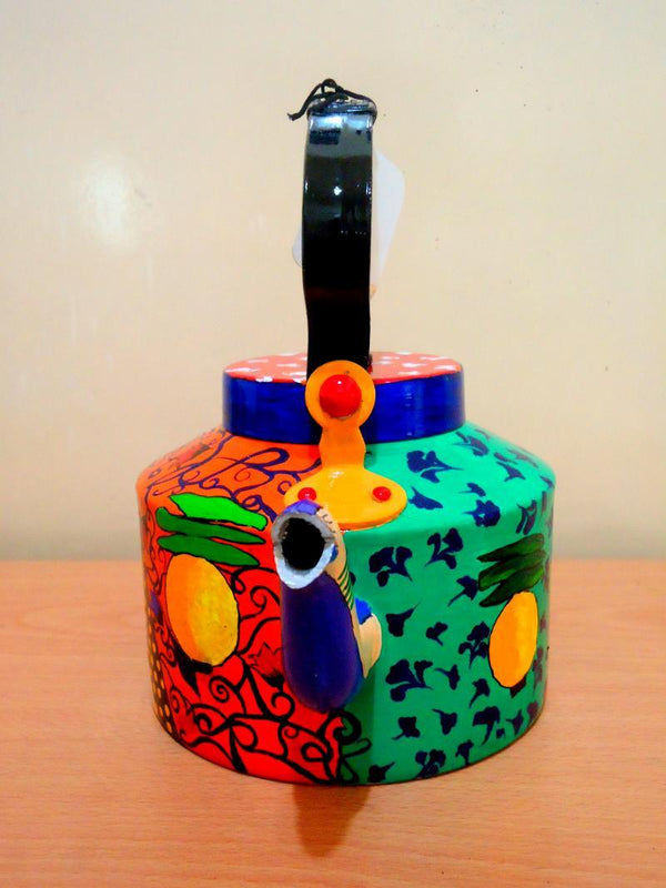 Lifestyle craft titled 'Desi Gone Wild Tea Kettle', 9x9x7 inches, by artist Rithika Kumar on Aluminium