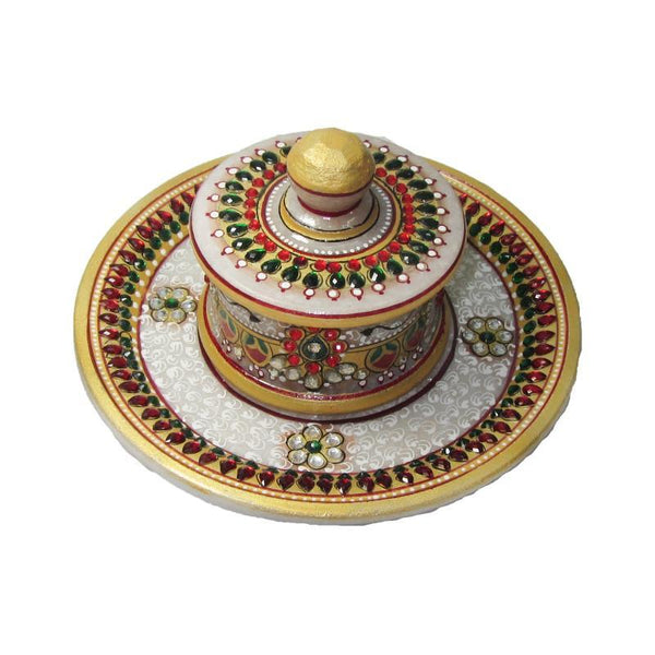 Lifestyle craft titled 'Designer Round Tray', 3x6x6 inches, by artist Ecraft India on Marble