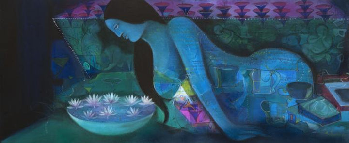 Figurative acrylic painting titled 'Desires', 24x60 inches, by artist Madan Lal on Canvas