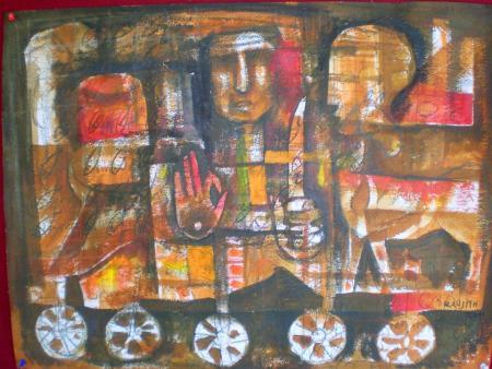 Figurative acrylic painting titled 'Destination', 29x24 inches, by artist Ranjith Raghupathy on CardBoard