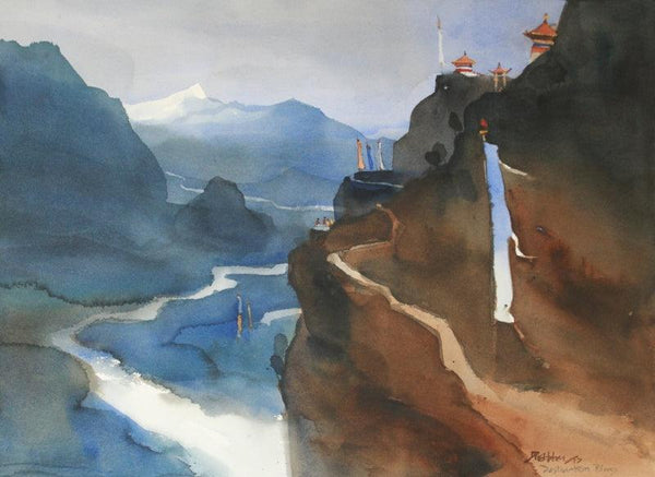 Landscape watercolor painting titled 'Destnation Blues', 22x30 inches, by artist Prashant Prabhu on Paper