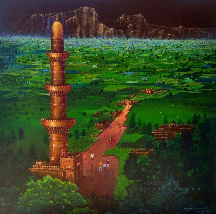 Cityscape acrylic painting titled 'Devagiri Fort', 36x36 inches, by artist Yogesh Lahane on Canvas