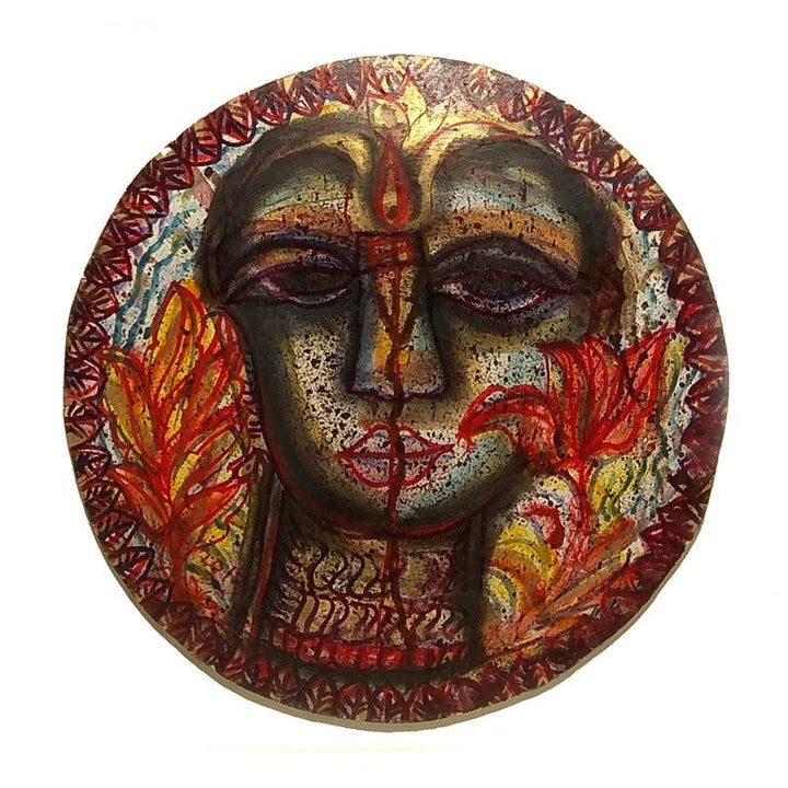 Religious mixed media painting titled 'Devi 1', 15x15 inches, by artist Rini Dhumal on Paper Mache