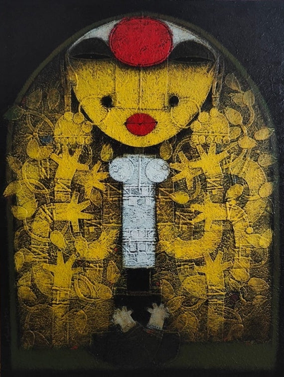 Religious mixed-media painting titled 'Devi', 48x36 inch, by artist Basuki Dasgupta on Canvas