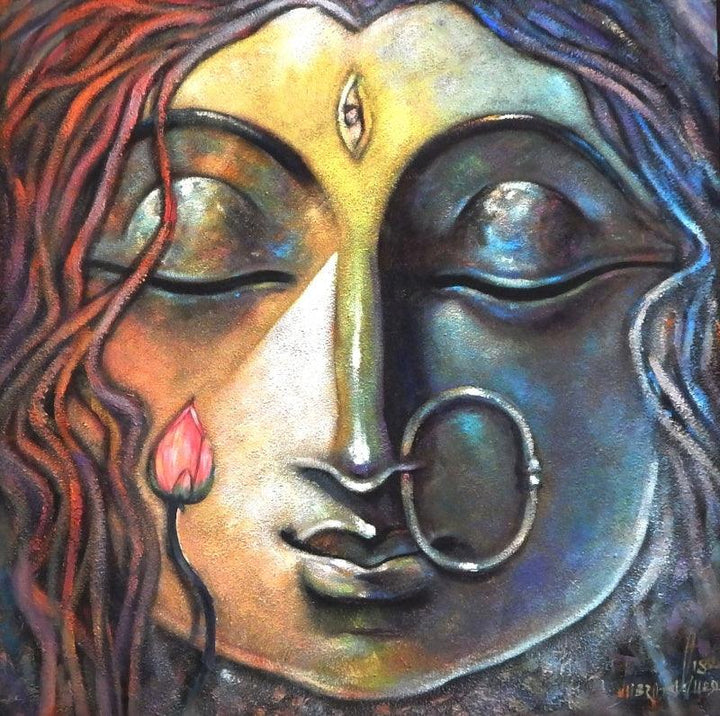 Religious acrylic painting titled 'Devi 2', 30x30 inches, by artist Subrata Ghosh on Canvas