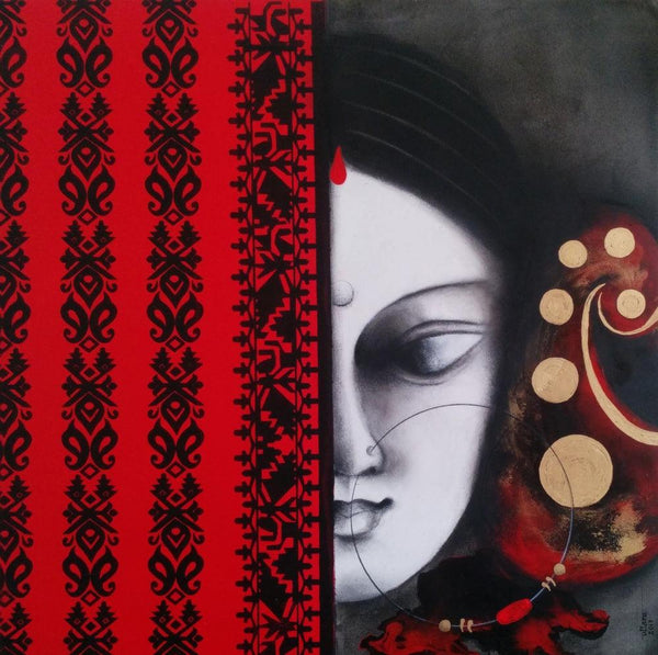 Figurative mixed media painting titled 'Devi 32', 24x24 inches, by artist Uttara Joshi on Canvas